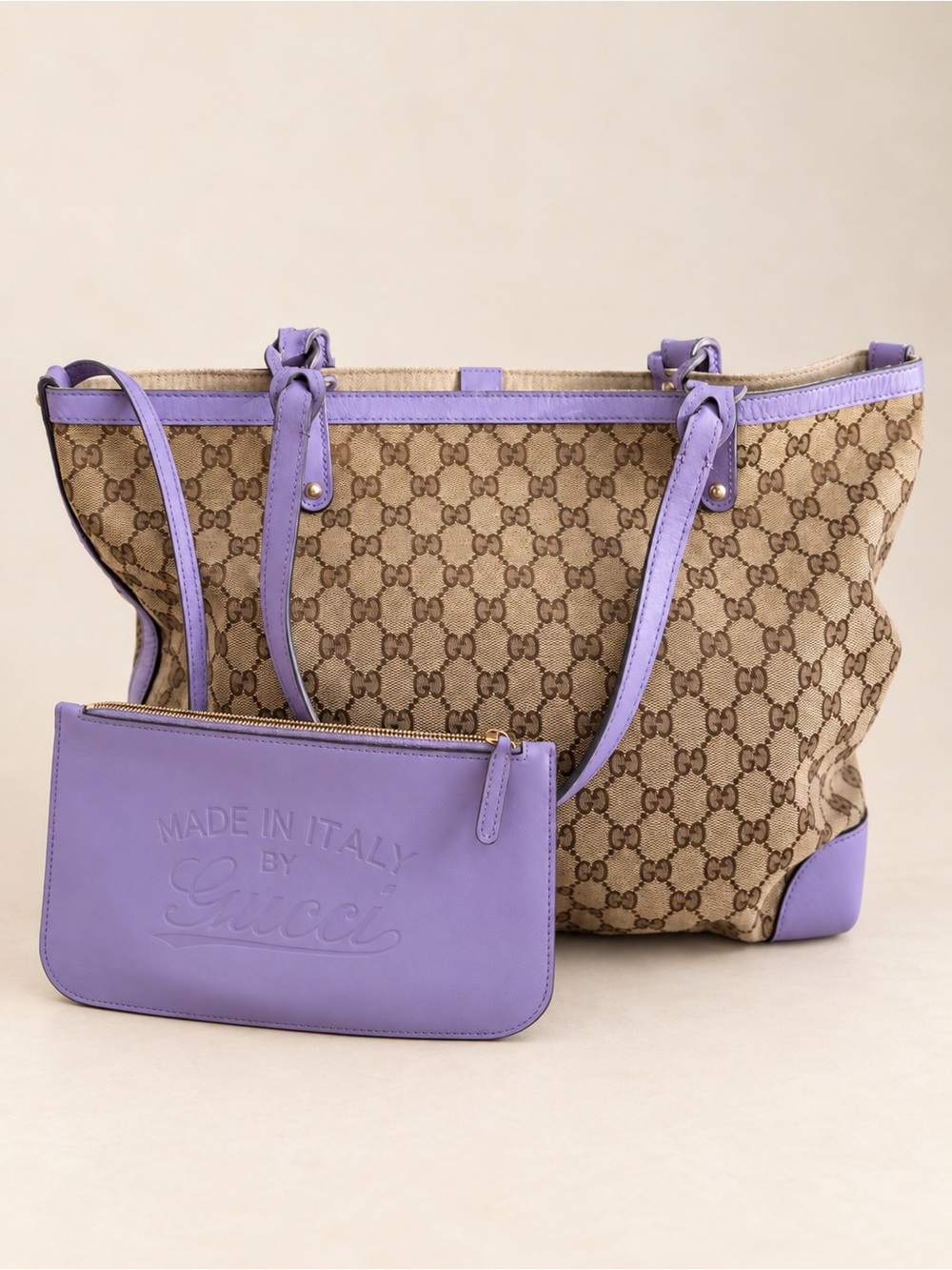 GUCCI GG Canvas Craft Medium Tote Lilac Leather + Pouch